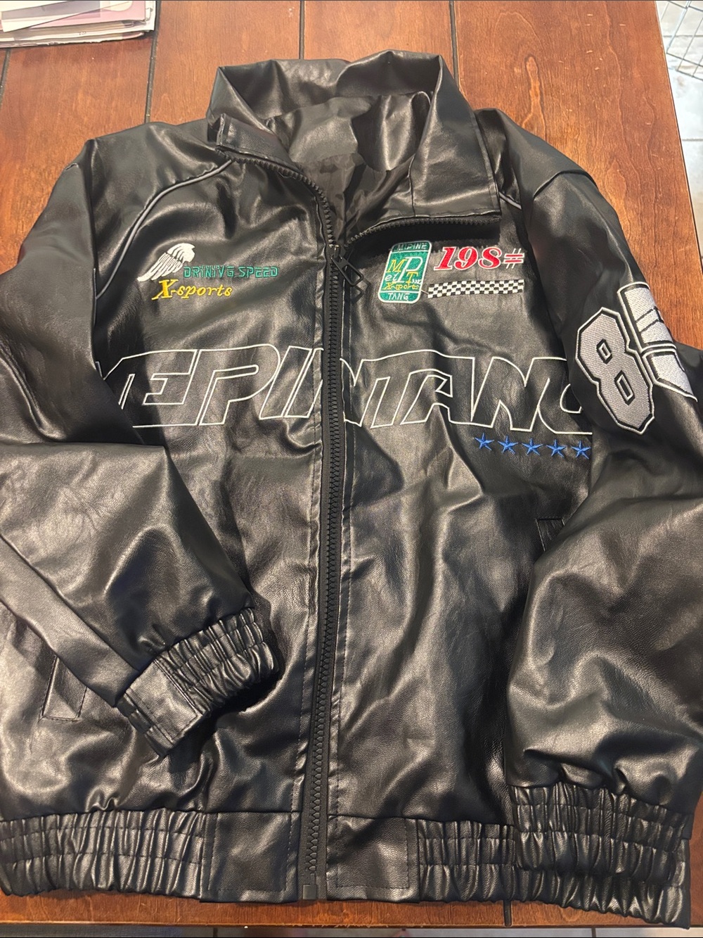 SHEIN Black Faux Leather Racing Logo Zip Performance Jacket